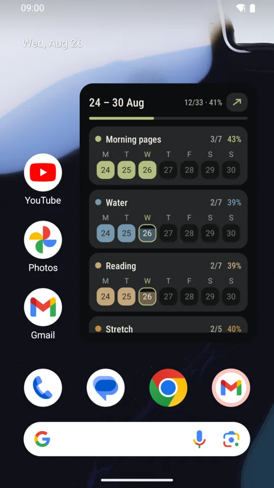 SoftHabit week widget on an Android home screen: three habits, seven days each, the kept days filled in colour