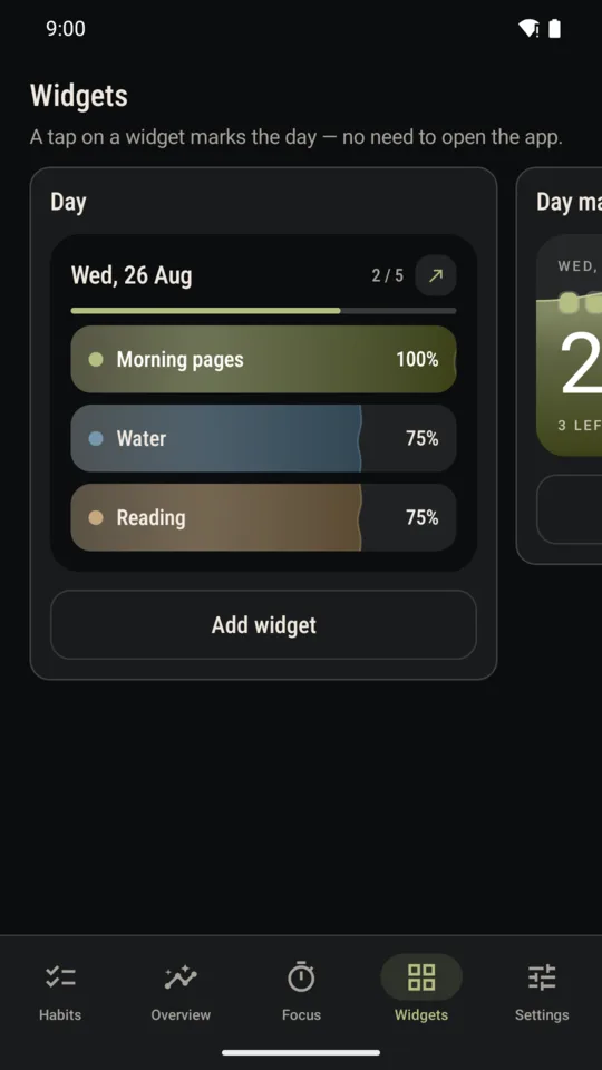 The widget gallery inside the app, showing the six widget kinds